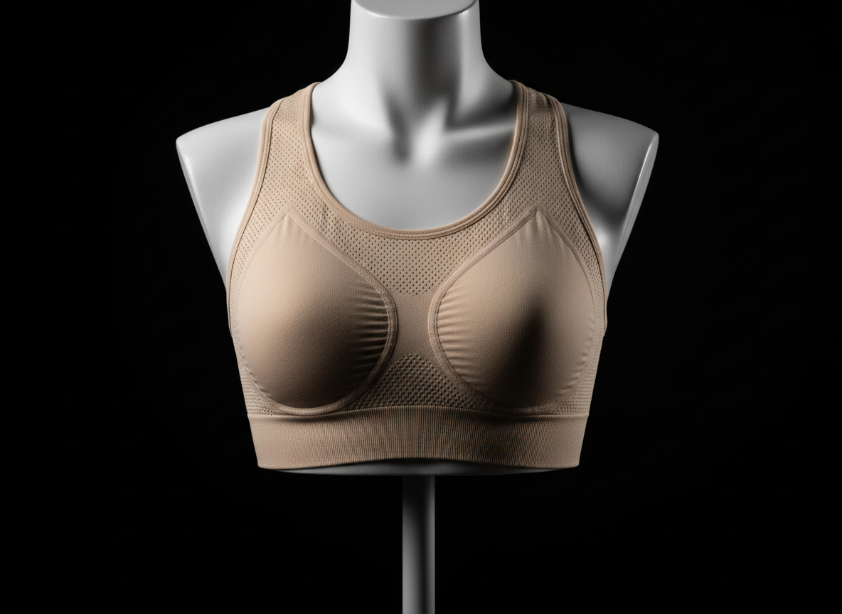A close-up, hyper-detailed view of an Aura seamless sports bra in muted sand beige, stretched smoothly over a minimalist torso form with no facial features, highlighting the contouring rib knit around the bust and ventilated micro-perforated zones at the sides. The form stands on a slim, matte pedestal against a stark black background. A tight, directional light from above and slightly to the front sculpts sharp shadows under every curve and texture, making the knitted pattern and stitching lines dramatically visible. The composition is tightly cropped with shallow depth of field, focusing sharply on the fabric while letting the pedestal edges blur. The mood is technical, confident, and design-driven, emphasizing function and innovation in a clean, high-impact photographic style.