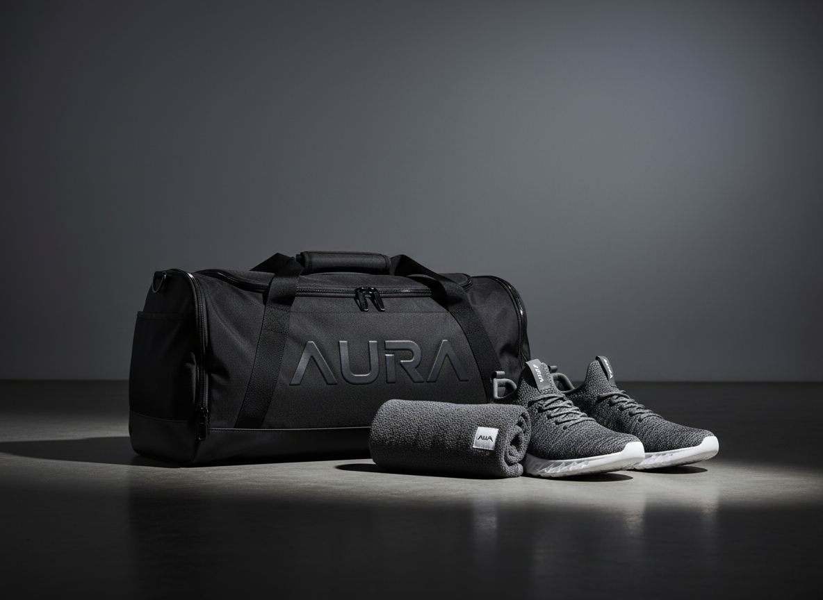 An Aura-branded gym duffel bag in jet black technical nylon with waterproof zippers, structured side panels, and a tonal embossed logo, placed beside a pair of knit training sneakers and a rolled performance towel with a small woven Aura tag. All items rest on a smooth, dark concrete floor with a low satin sheen that reflects just a hint of light. Behind them, a minimalist gradient backdrop shifts from deep charcoal at the bottom to lighter gray at the top. A strong, directional spotlight from the right cuts across the scene, casting crisp, cinematic shadows that extend left. Shot low and slightly off-center, the composition feels dynamic, emphasizing durability and urban athletic style in bold, photographic detail.