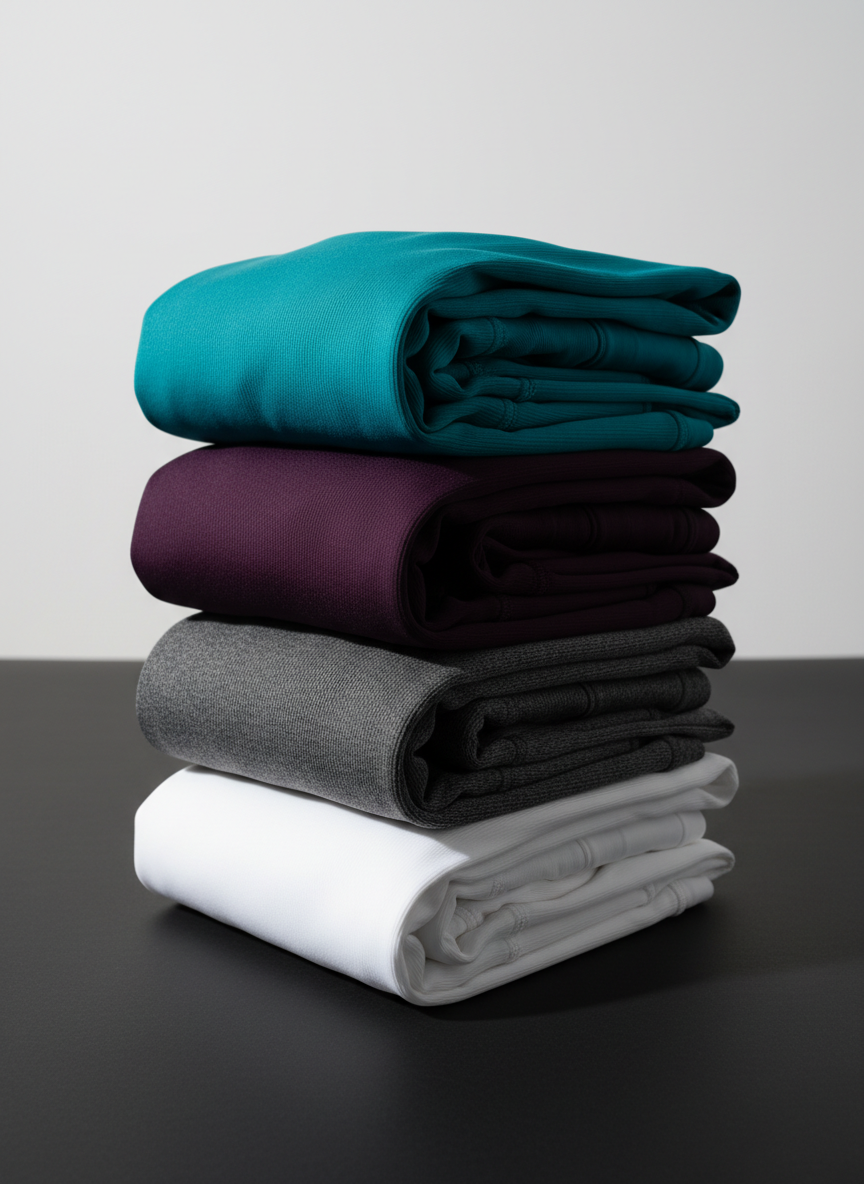 A meticulously folded stack of Aura gym wear sets arranged in a precise vertical column: electric teal, deep plum, graphite gray, and pure white, each set including leggings and a sports bra made from smooth, high-stretch performance fabric with a subtle micro-rib texture. The stack rests on a matte black surface that absorbs light, set against a pure off-white studio backdrop. A single, hard key light from the upper right creates sharp, geometric shadows that angle dramatically across the surface, accentuating edges and fabric thickness. Shot from a slightly elevated angle with tight framing, the image feels bold and graphic, showcasing color variety and premium quality in clean photographic realism.