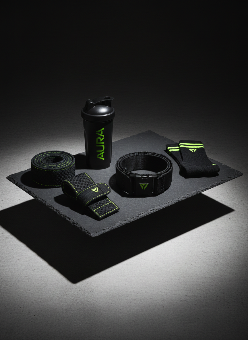 A meticulously arranged display of Aura accessories: a pair of textured lifting straps, a minimalist shaker bottle with a frosted finish and bold Aura branding, a slim performance belt, and a pair of low-profile training socks, all in a unified black and neon lime color palette. They sit on a matte, dark stone slab that floats visually above a slightly lighter gray background. Hard, side lighting from the right creates crisp, angular shadows beneath each item, emphasizing edges and giving a sculptural presence. Captured from a three-quarter overhead angle with the main elements aligned along the rule of thirds, the image feels energetic yet precise, communicating a bold, technical accessory line in clean photographic realism.